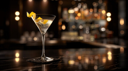 a classic martini, garnished with a twist of lemon, served in a sleek martini glass on a polished black countertop with soft ambient lighting