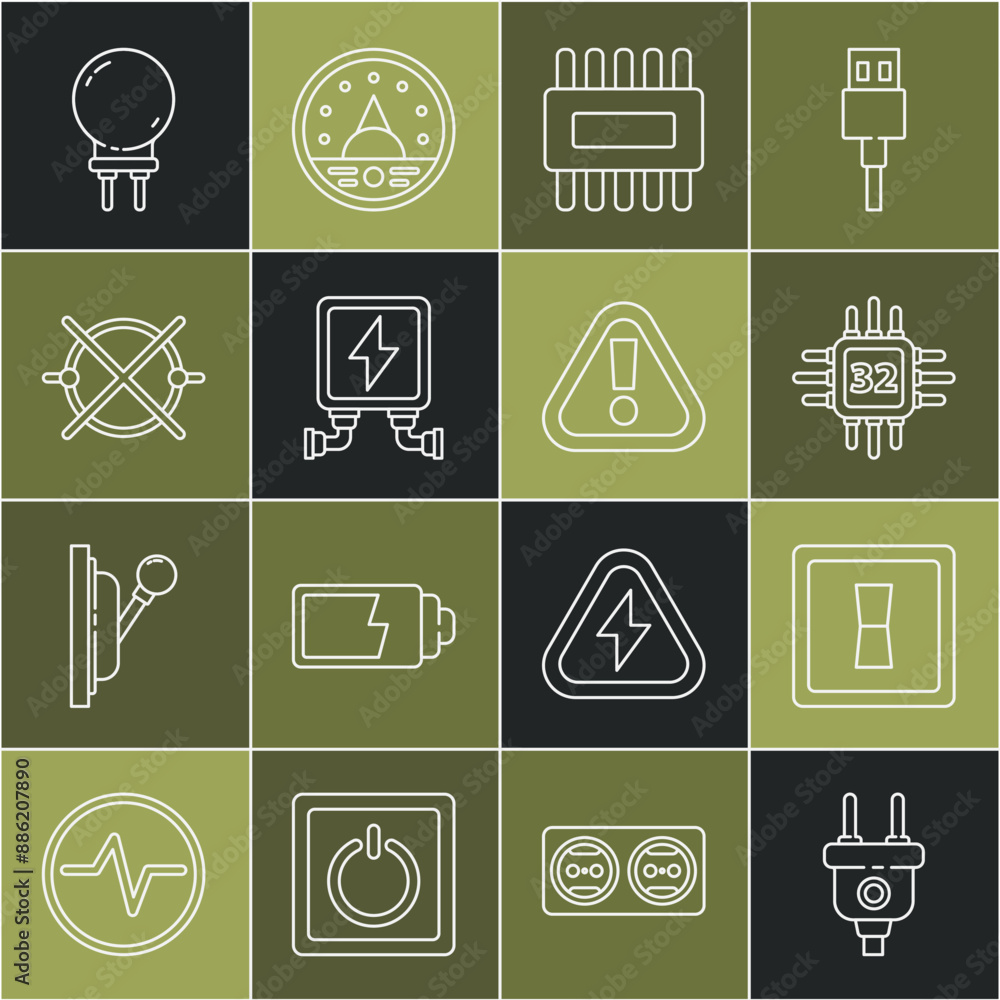 Poster set line electric plug, light switch, processor with microcircuits cpu, transformer, scheme, light e