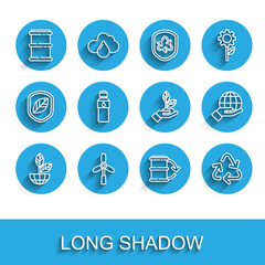Set line Earth globe and plant, Wind turbine, Barrel, Eco fuel barrel, Recycle symbol, Bottle of water, Hand holding and Plant hand icon. Vector