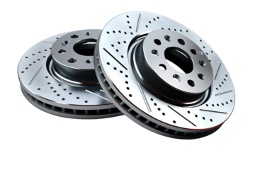 Two Perforated Automotive Brake Rotors Displayed Against A White Background on a White or Clear Surface PNG Transparent Background.