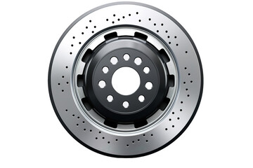 A Perforated Silver Brake Rotor, Ready for the Road on a White or Clear Surface PNG Transparent Background.