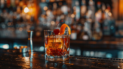a classic Old Fashioned cocktail, garnished with an orange twist and a cherry, served in a crystal tumbler on a dark wooden bar top, with a background of vintage bar tools and a dimly lit bar