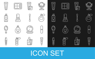 Set line Cream or lotion cosmetic tube, Nail file, Perfume, Makeup brush, Spray can for hairspray, and Cotton swab ears icon. Vector