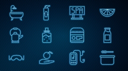 Set line Sauna bucket and ladle, Bottle with milk, Spa salon signboard, salt, Kettle handle, Bathtub, Cream or lotion cosmetic tube and Spray can for hairspray icon. Vector