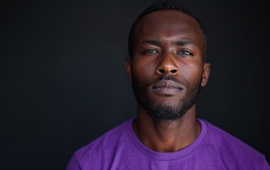 Obraz premium An African American man wearing a purple t-shirt poses for a portrait in front of a gray background