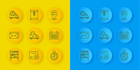 Set line Warehouse, Envelope, Delivery tracking, Stopwatch, Calendar, Logistics delivery truck and clock, Location with cardboard box and icon. Vector