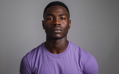 Obraz premium A young man with a serious expression looks directly at the camera. He is wearing a purple t-shirt and a brown jacket. His hair is short and dark