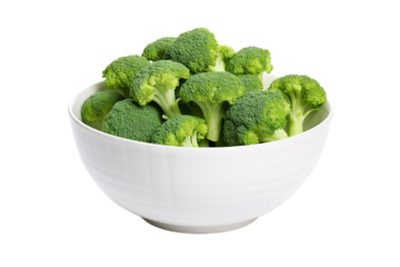 A White Bowl Filled With Fresh Green Broccoli Florets on a White or Clear Surface PNG Transparent Background.
