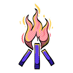Camp fire halftone icon hand drawn color vector illustration
