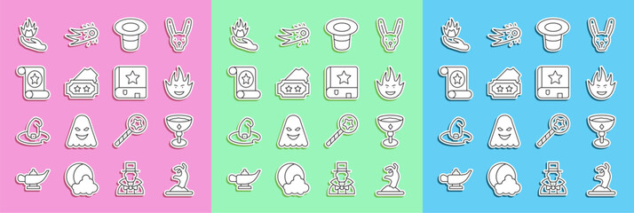 Set line Zombie hand, Medieval goblet, Fire flame, Magic hat, Ticket, scroll, Hand holding fire and Ancient magic book icon. Vector