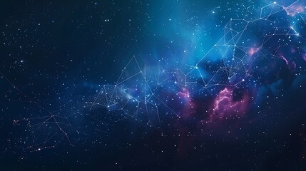 Wireframe background with a blue plexus effect, featuring sharp, geometric shapes and a dark, starry night sky. Simple, minimalist, and colorful.