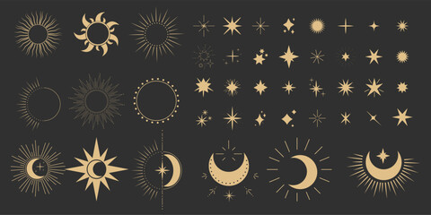 Set gold moon, sun and stars shine sparkle icon glare,light,blink star minimal shape, burst and rays golden decoration. Twinkle magic comic shine isolated on dark background.