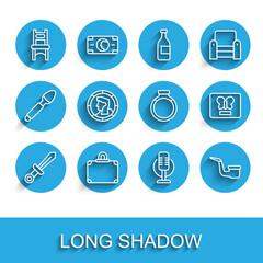 Set line Medieval sword, Suitcase, Chair, Microphone, Smoking pipe, Ancient coin, Butterfly frame and Gold ring icon. Vector