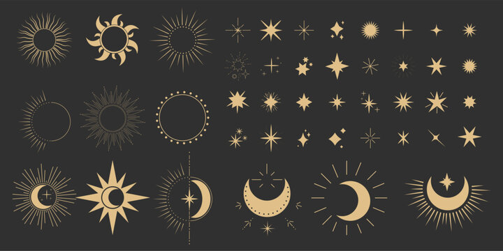 Set gold moon, sun and stars shine sparkle icon glare,light,blink star minimal shape, burst and rays golden decoration. Twinkle magic comic shine isolated on dark background.