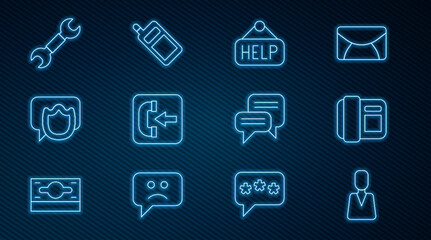 Set line Employee, Telephone handset, Signboard with text Help, Incoming call, Speech bubble chat, Wrench spanner, and Mobile icon. Vector