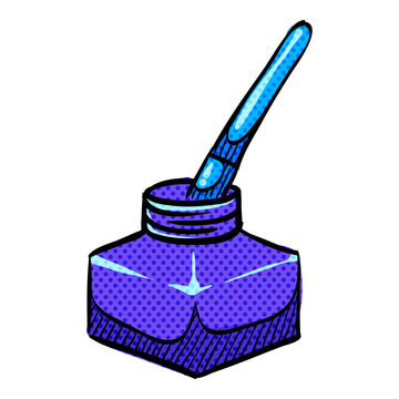 Ink pot icon with brush halftone hand drawn color vector illustration