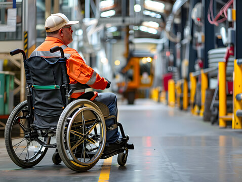 Caucasian man in a wheelchair working in a warehouse.  - Powered by Adobe