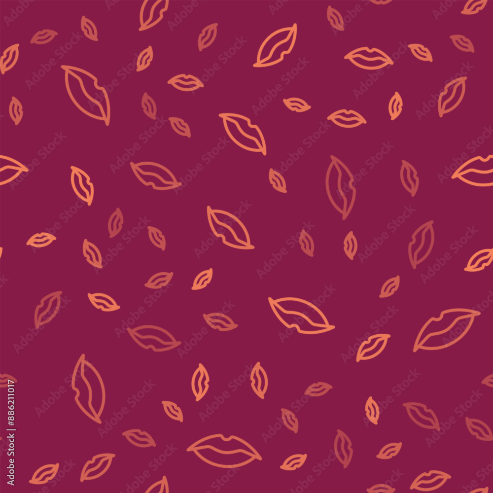 Poster brown line smiling lips icon isolated seamless pattern on red background. smile symbol. vector