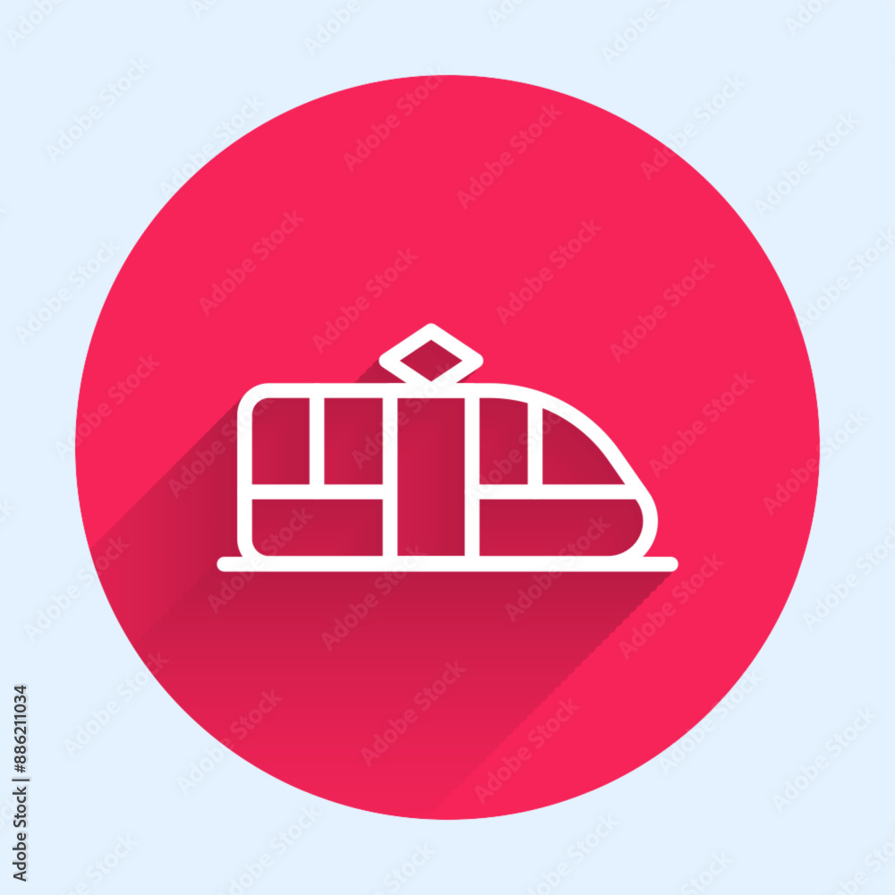 Poster white line tram and railway icon isolated with long shadow background. public transportation symbol.