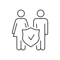 Man And Woman With Shield Line Icon. Security And Safety For Family Outline Symbol. Isolated Vector Illustration