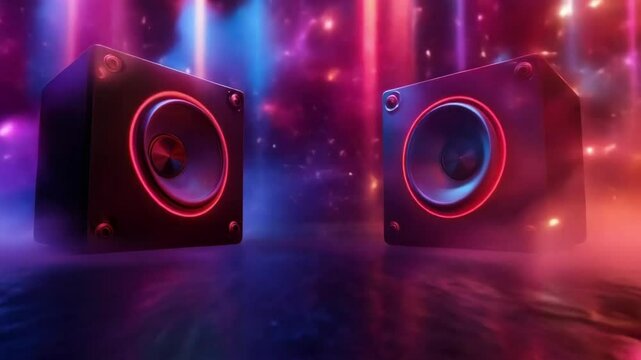 Two vibrant speakers pulsate to rhythm of music with neon lights glowing in darkness. Sound waves, night parties