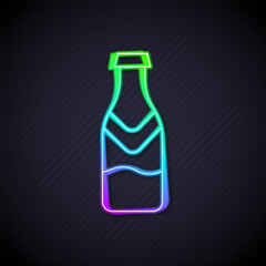 Glowing neon line Beer bottle icon isolated on black background. Vector