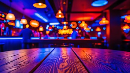 Vibrant Bar Scene with Wooden Table, Neon Signs, and Blue-Orange Lights

