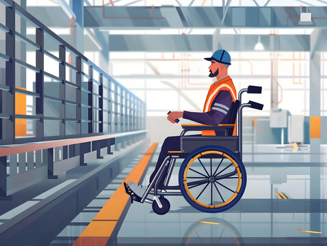 Caucasian man in a wheelchair working in a warehouse.  - Powered by Adobe