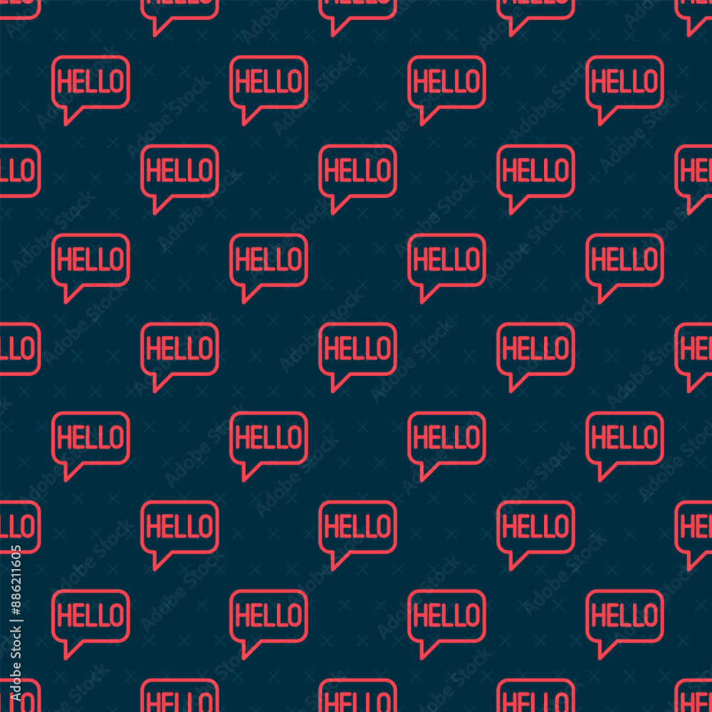 Poster red line hello in different languages icon isolated seamless pattern on black background. speech bub