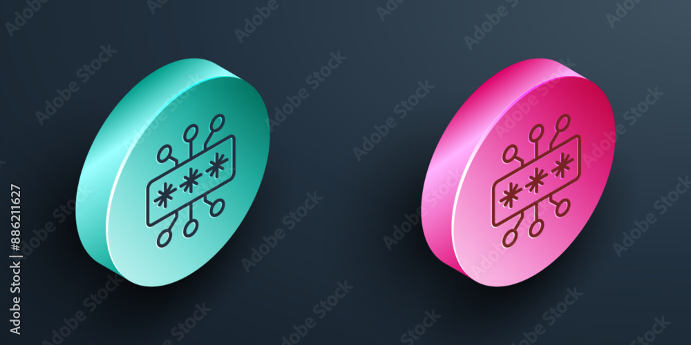 Poster isometric line cyber security icon isolated on black background. closed padlock on digital circuit b