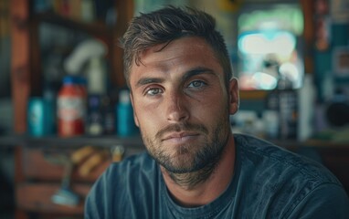 Obraz premium A young man sits in a barbershop chair, looking directly at the camera. He is wearing a barber's cape and has short hair and a beard. The barbershop is well-lit with a traditional, classic vibe
