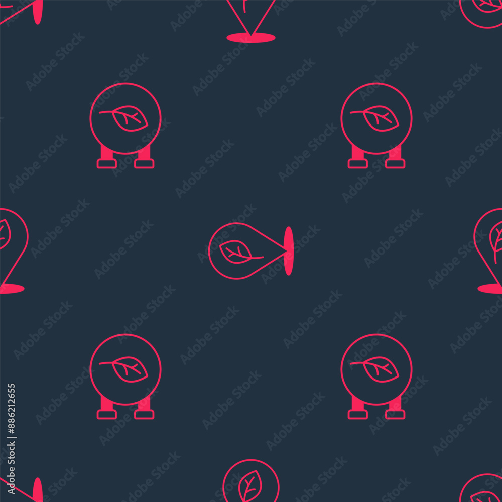 Poster set eco shop and location with leaf on seamless pattern. vector