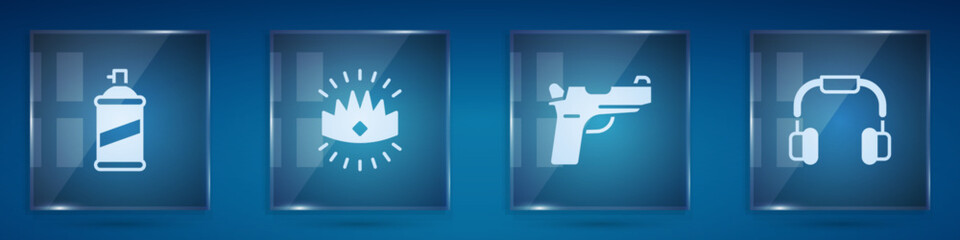 Set Paint spray can, King crown, Pistol or gun and Headphones. Square glass panels. Vector