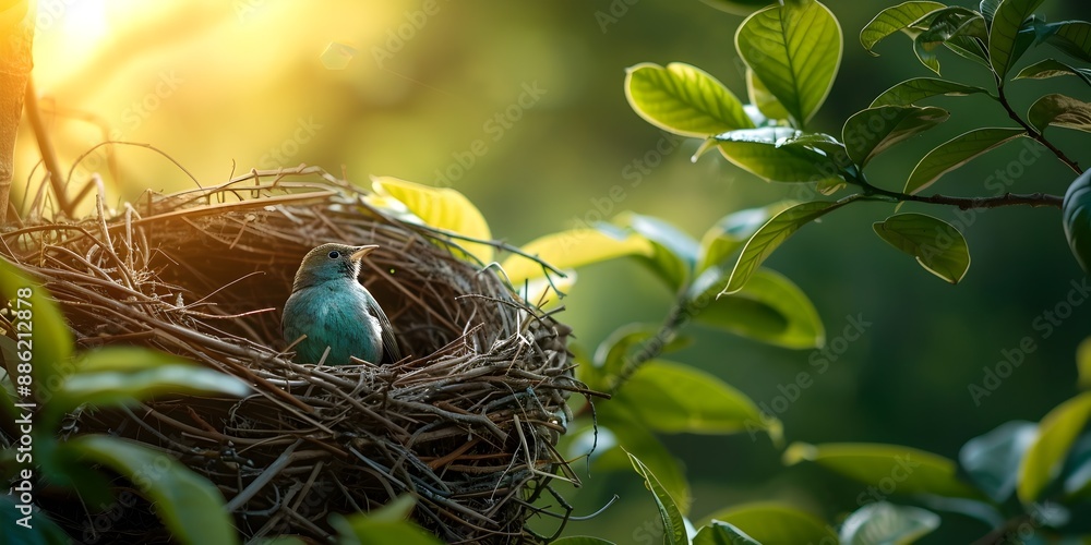 Poster bird nesting in a tree environmental conservation concept with copy space