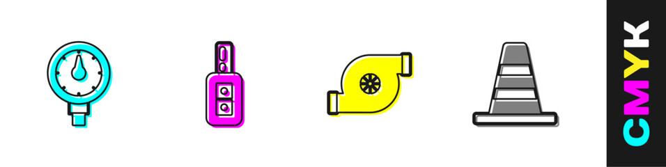 Set Tire pressure gauge, Car key with remote, Automotive turbocharger and Traffic cone icon. Vector