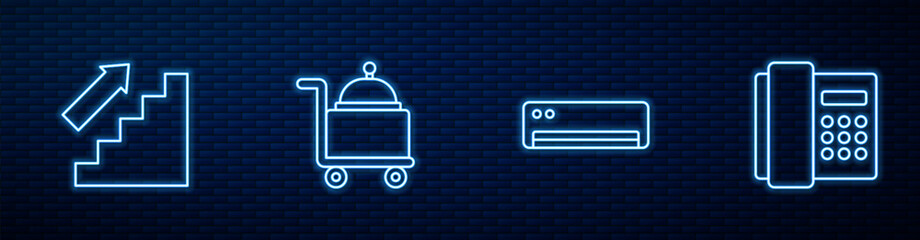 Set line Air conditioner, Stairs up, Covered with tray and Telephone handset. Glowing neon icon on brick wall. Vector © Vadim