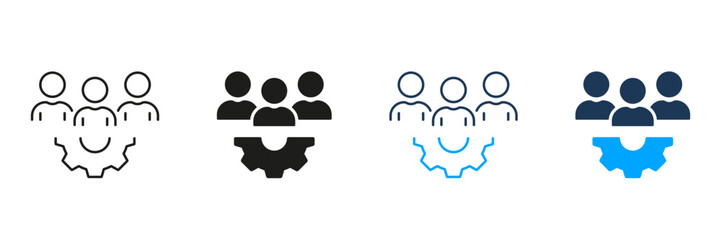 Team Work, People with Gear Line and Silhouette Icon Set. Manager Sign with Cog Wheel. Workforce Pictogram. Teamwork, Leader, Project Management Symbol. Editable Stroke. Isolated Vector Illustration