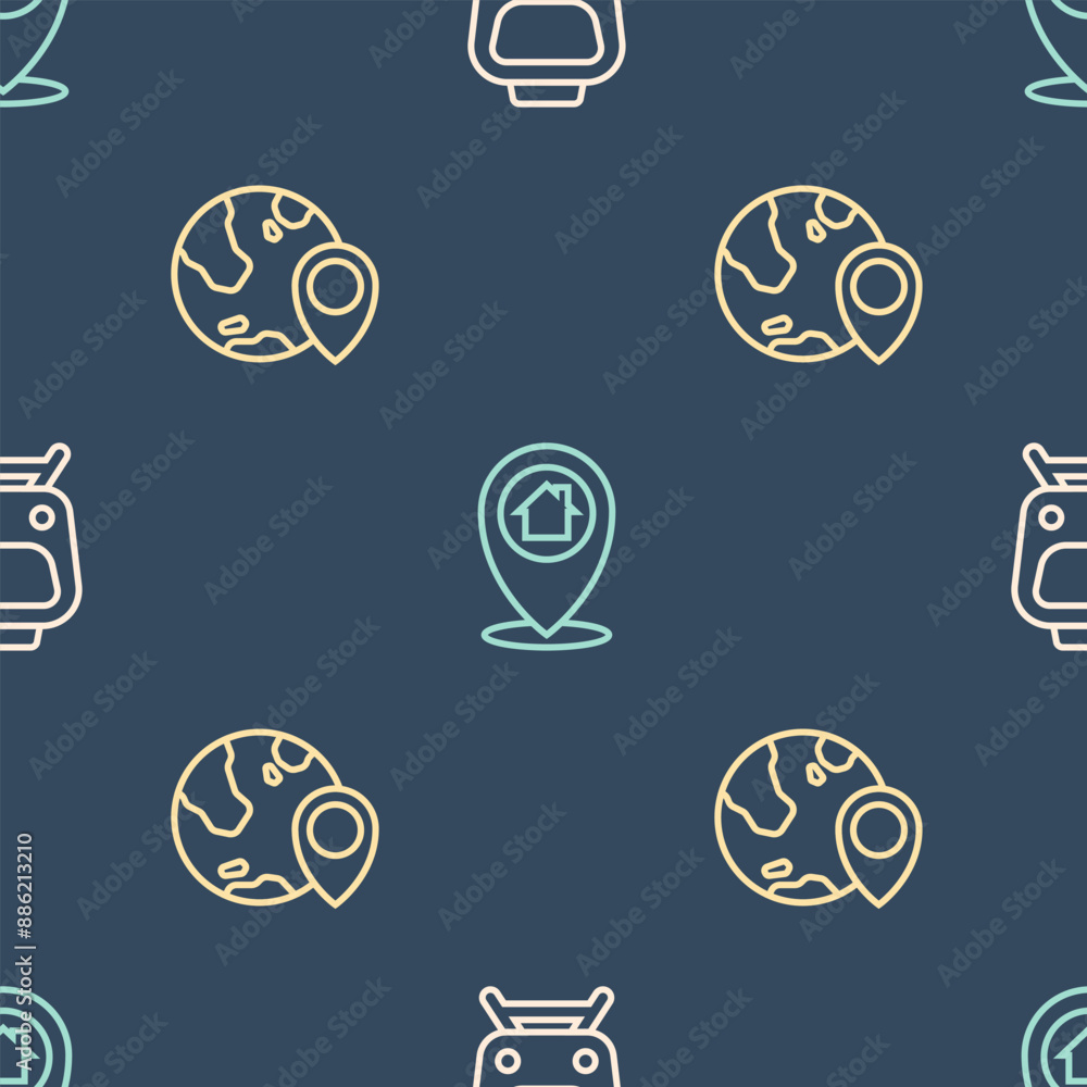 Poster set line train, location on the globe and with house on seamless pattern. vector