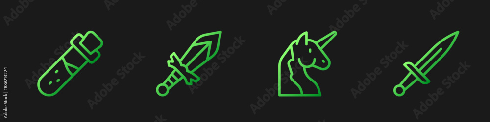 Poster set line unicorn, bottle with potion, medieval sword and dagger. gradient color icons. vector