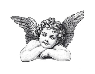 An adorable cherub lying peacefully. Woodcut engraving style illustration. Isolated