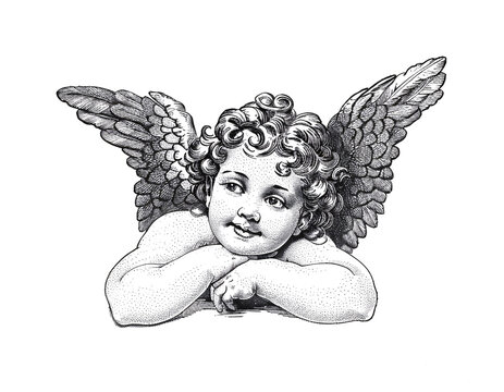 recommend clip art: An adorable cherub lying peacefully. Woodcut engraving style illustration. Isolated