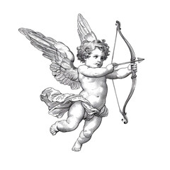An adorable cherub flying with a bow and arrow. Woodcut engraving style illustration. Isolated.