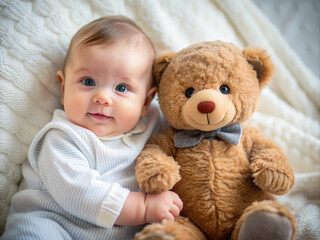baby with teddy bear, child, brown, animal, teddy bear, childhood, isolated, baby, soft, stuffed, object, love, gift, white