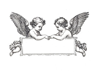 Two adorable cherubs flying and holding  a banner. Woodcut engraving style illustration. Isolated.