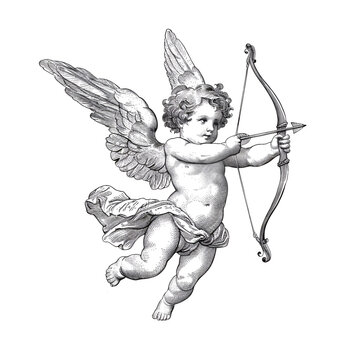 An adorable cherub flying with a bow and arrow. Woodcut engraving style illustration. Isolated.