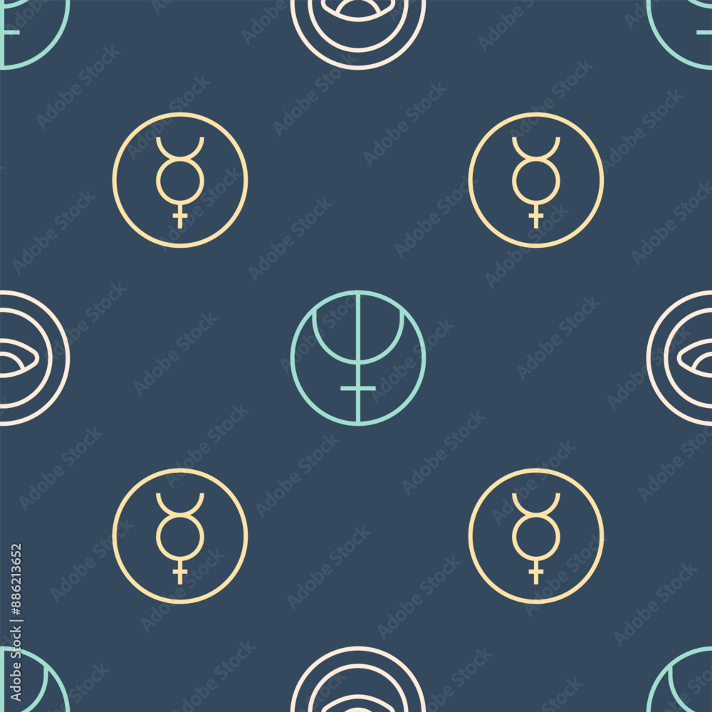 Poster set line medallion with eye, symbol mercury and neptune planet on seamless pattern. vector