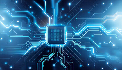 Glowing light blue neon AI chip with thin circuit contact lines. AI chip on technology background. Abstract digital tech background in monochrome blue. Semiconductor on a board 