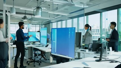 Diverse Team Collaborating in Modern Office, Professionals Engaged in Discussion with High-Tech Screens, Corporate Meeting in Contemporary Workplace, Innovative Business Environment, Dynamic Teamwork 