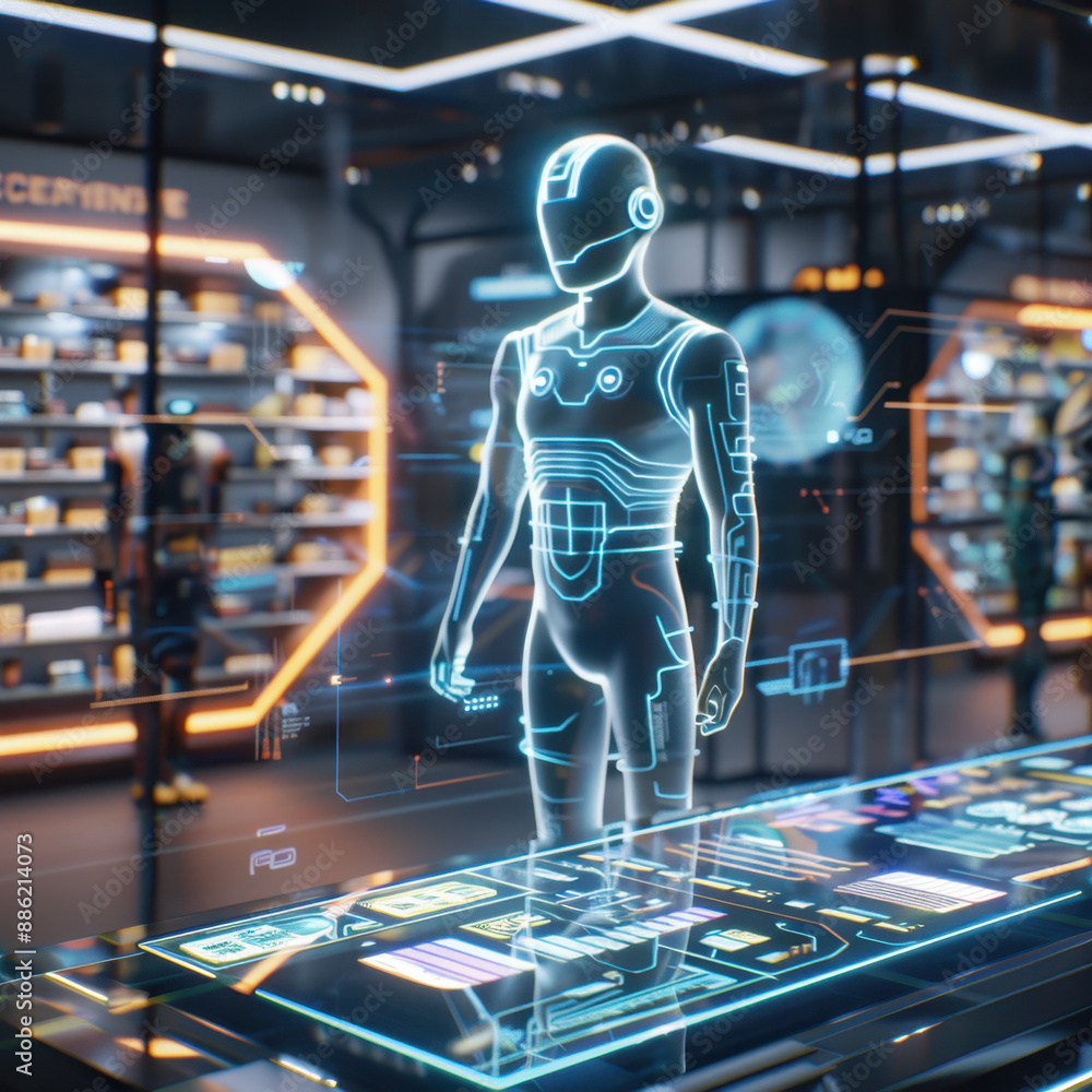 Aufkleber futuristic holographic interface with a humanoid figure in a tech lab environment