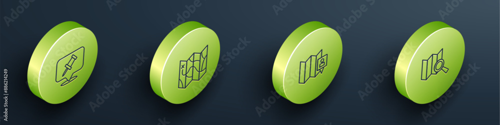 Poster set isometric line push pin, folded map, with location marker and search icon. vector